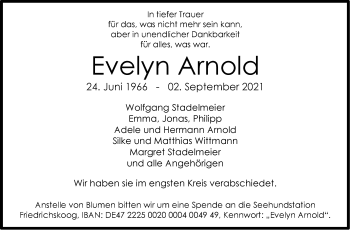 Traueranzeige von Evelyn Arnold von Stuttgarter Zeitung / Stuttgarter Nachrichten