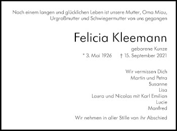 Traueranzeige von Felicia Kleemann von Stuttgarter Zeitung / Stuttgarter Nachrichten