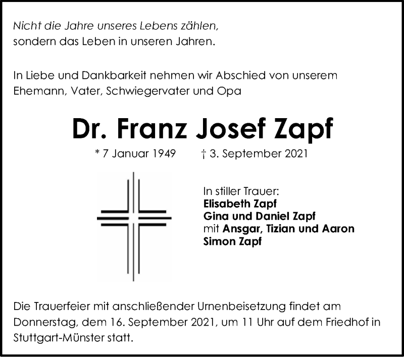  Traueranzeige für Franz Josef Zapf vom 10.09.2021 aus Stuttgarter Zeitung / Stuttgarter Nachrichten