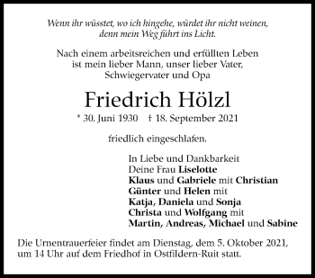 Traueranzeige von Friedrich Hölzl von Stuttgarter Zeitung / Stuttgarter Nachrichten