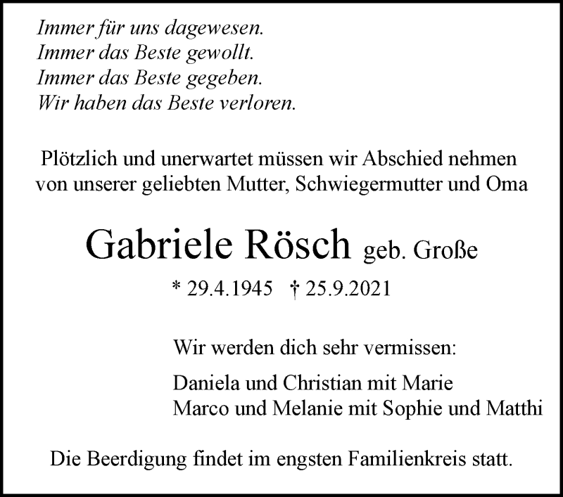  Traueranzeige für Gabriele Rösch vom 29.09.2021 aus Stuttgarter Zeitung / Stuttgarter Nachrichten