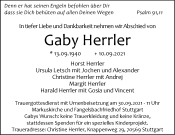 Traueranzeige von Gaby Herrler von Stuttgarter Zeitung / Stuttgarter Nachrichten