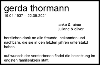 Traueranzeige von Gerda Thormann von Stuttgarter Zeitung / Stuttgarter Nachrichten