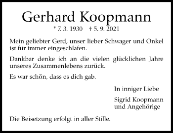 Traueranzeige von Gerhard Koopmann von Stuttgarter Zeitung / Stuttgarter Nachrichten