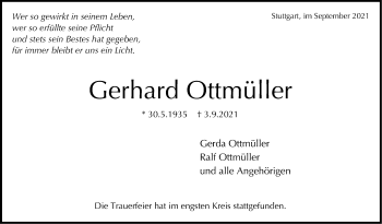 Traueranzeige von Gerhard Ottmüller von Stuttgarter Zeitung / Stuttgarter Nachrichten