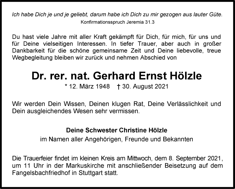  Traueranzeige für Gerhard Ernst Hölzle vom 04.09.2021 aus Stuttgarter Zeitung / Stuttgarter Nachrichten