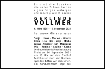 Traueranzeige von Gerlinde Vollmer von Stuttgarter Zeitung / Stuttgarter Nachrichten
