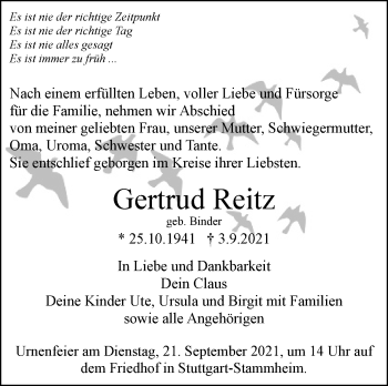Traueranzeige von Gertrud Reitz von Stuttgarter Zeitung / Stuttgarter Nachrichten