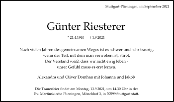 Traueranzeige von Günter Riesterer von Stuttgarter Zeitung / Stuttgarter Nachrichten