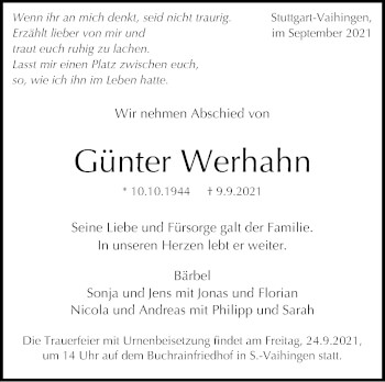 Traueranzeige von Günter Werhahn von Stuttgarter Zeitung / Stuttgarter Nachrichten