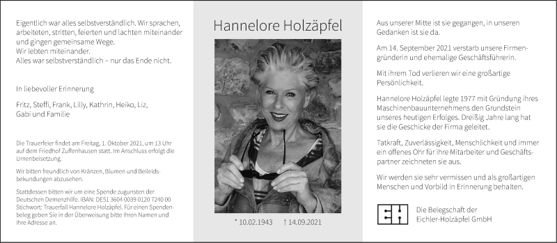  Traueranzeige für Hannelore Holzäpfel vom 25.09.2021 aus Stuttgarter Zeitung / Stuttgarter Nachrichten