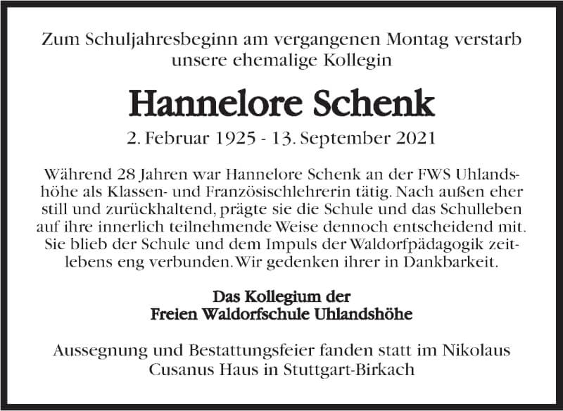  Traueranzeige für Hannelore Schenk vom 17.09.2021 aus Stuttgarter Zeitung / Stuttgarter Nachrichten
