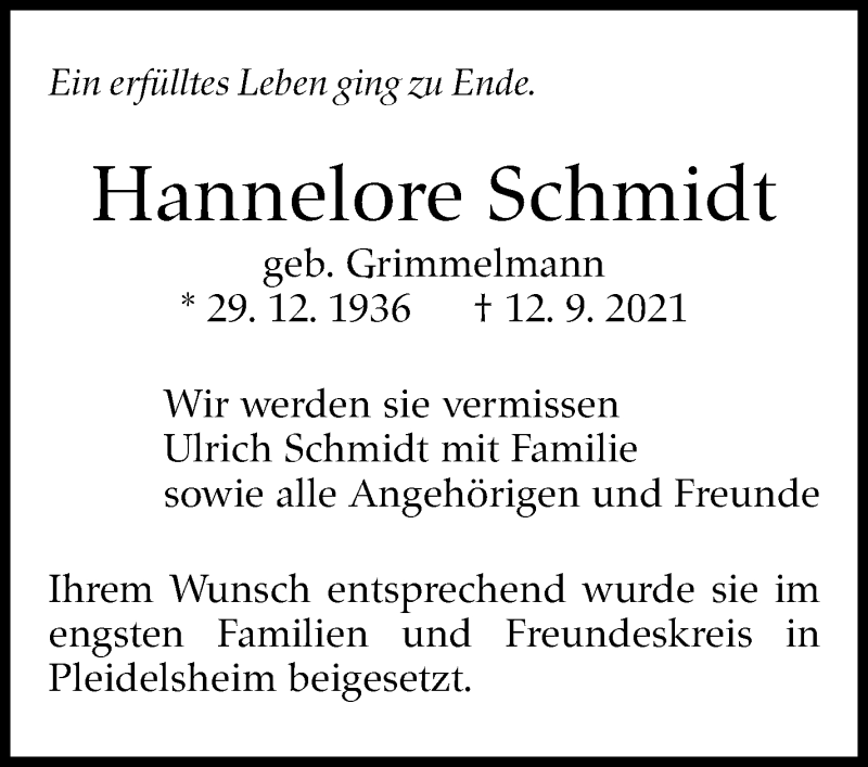  Traueranzeige für Hannelore Schmidt vom 01.10.2021 aus Stuttgarter Zeitung / Stuttgarter Nachrichten