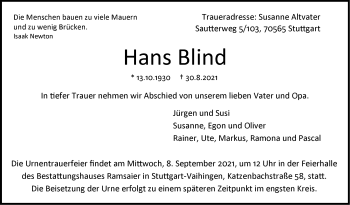 Traueranzeige von Hans Blind von Stuttgarter Zeitung / Stuttgarter Nachrichten