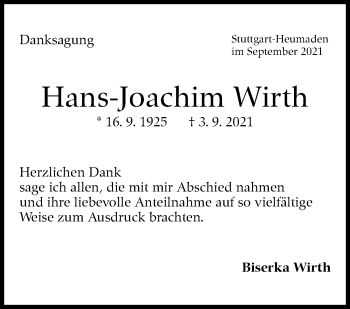 Traueranzeige von Hans-Joachim Wirth von Stuttgarter Zeitung / Stuttgarter Nachrichten