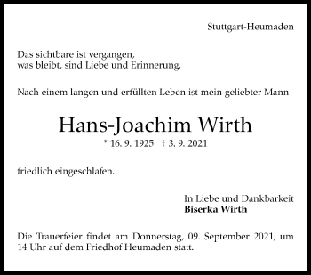 Traueranzeige von Hans-Joachim Wirth von Stuttgarter Zeitung / Stuttgarter Nachrichten
