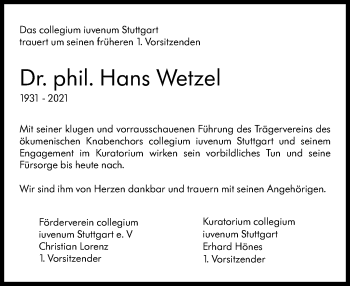 Traueranzeige von Hans Wetzel von Stuttgarter Zeitung / Stuttgarter Nachrichten