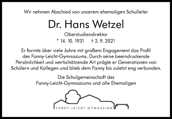 Traueranzeige von Hans Wetzel von Stuttgarter Zeitung / Stuttgarter Nachrichten