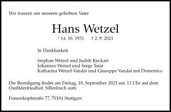 Traueranzeige von Hans Wetzel von Stuttgarter Zeitung / Stuttgarter Nachrichten