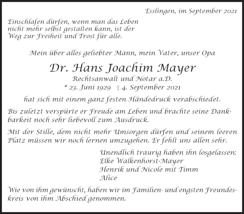  Traueranzeige für Hans Joachim Mayer vom 18.09.2021 aus Stuttgarter Zeitung / Stuttgarter Nachrichten
