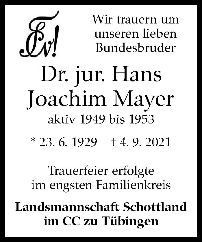  Traueranzeige für Hans Joachim Mayer vom 18.09.2021 aus Stuttgarter Zeitung / Stuttgarter Nachrichten