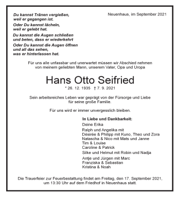 Traueranzeige von Hans Otto Seifried von Stuttgarter Zeitung / Stuttgarter Nachrichten