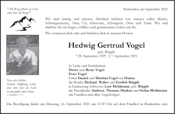 Traueranzeige von Hedwig Gertrud Vogel von Stuttgarter Zeitung / Stuttgarter Nachrichten