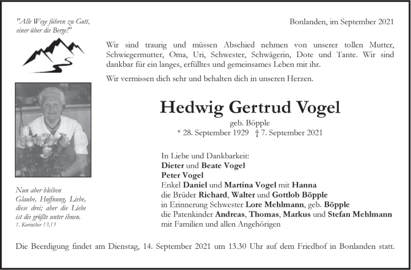  Traueranzeige für Hedwig Gertrud Vogel vom 11.09.2021 aus Stuttgarter Zeitung / Stuttgarter Nachrichten