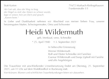 Traueranzeige von Heidi Wildermuth von Stuttgarter Zeitung / Stuttgarter Nachrichten