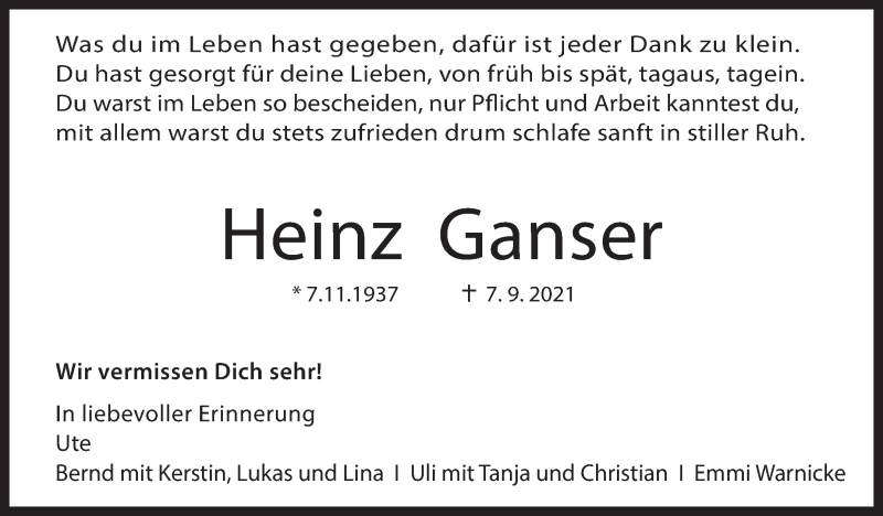  Traueranzeige für Heinz Ganser vom 10.09.2021 aus Stuttgarter Zeitung / Stuttgarter Nachrichten