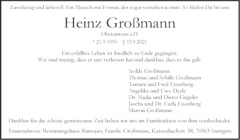 Traueranzeige von Heinz Großmann von Stuttgarter Zeitung / Stuttgarter Nachrichten