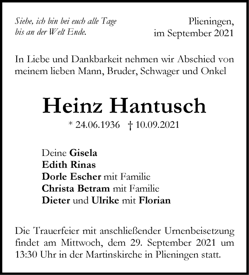  Traueranzeige für Heinz Hantusch vom 25.09.2021 aus Stuttgarter Zeitung / Stuttgarter Nachrichten