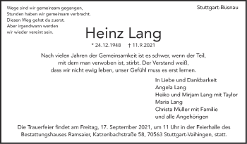 Traueranzeige von Heinz Lang von Stuttgarter Zeitung / Stuttgarter Nachrichten