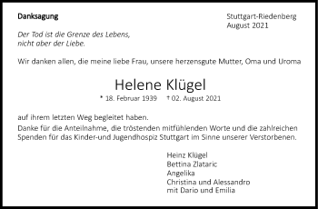 Traueranzeige von Helene Klügel von Stuttgarter Zeitung / Stuttgarter Nachrichten