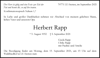 Traueranzeige von Herbert Rapp von Stuttgarter Zeitung / Stuttgarter Nachrichten
