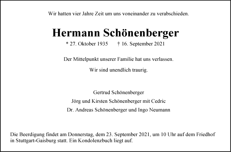  Traueranzeige für Hermann Schönenberger vom 21.09.2021 aus Stuttgarter Zeitung / Stuttgarter Nachrichten