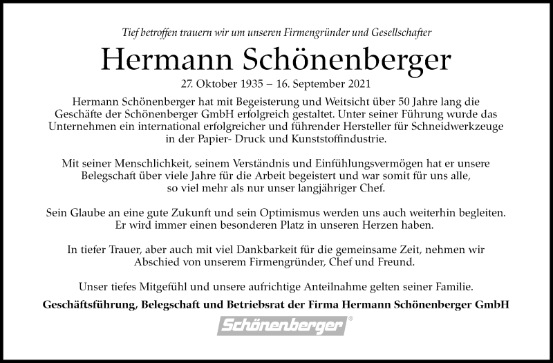  Traueranzeige für Hermann Schönenberger vom 21.09.2021 aus Stuttgarter Zeitung / Stuttgarter Nachrichten