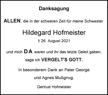 Traueranzeige von Hildegard Hofmeister von Stuttgarter Zeitung / Stuttgarter Nachrichten