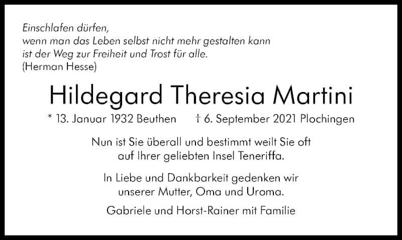  Traueranzeige für Hildegard Theresia Martini vom 18.09.2021 aus Stuttgarter Zeitung / Stuttgarter Nachrichten