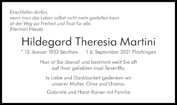 Traueranzeige von Hildegard Theresia Martini von Stuttgarter Zeitung / Stuttgarter Nachrichten