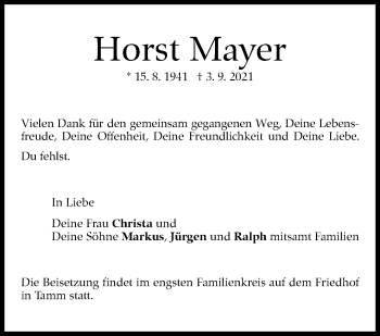 Traueranzeige von Horst Mayer von Stuttgarter Zeitung / Stuttgarter Nachrichten