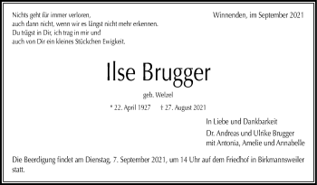 Traueranzeige von Ilse Brugger von Stuttgarter Zeitung / Stuttgarter Nachrichten