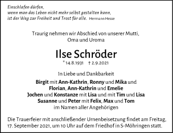 Traueranzeige von Ilse Schröder von Stuttgarter Zeitung / Stuttgarter Nachrichten