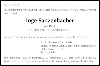 Traueranzeige von Inge Sanzenbacher von Stuttgarter Zeitung / Stuttgarter Nachrichten