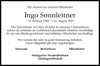 Traueranzeige von Ingo Sonnleitner von Stuttgarter Zeitung / Stuttgarter Nachrichten