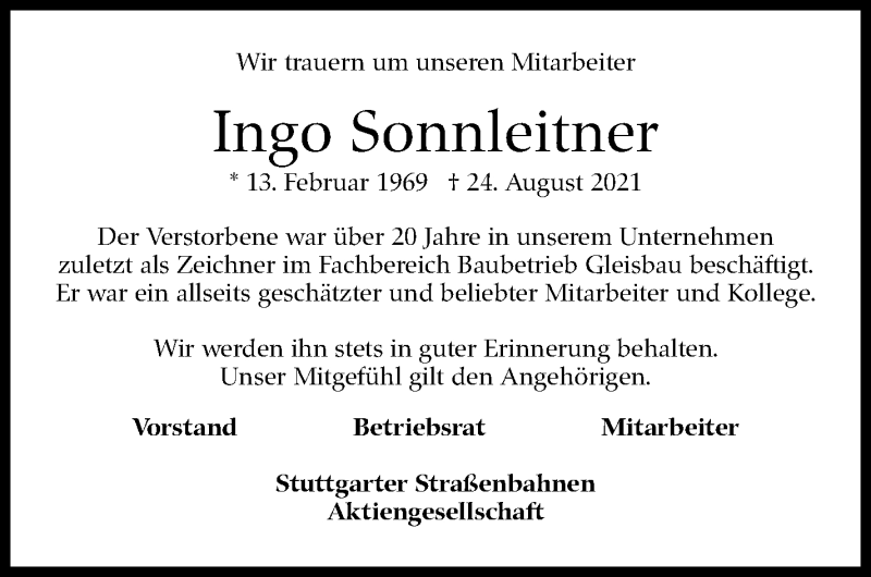  Traueranzeige für Ingo Sonnleitner vom 08.09.2021 aus Stuttgarter Zeitung / Stuttgarter Nachrichten