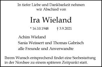 Traueranzeige von Ira Wieland von Stuttgarter Zeitung / Stuttgarter Nachrichten