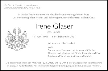 Traueranzeige von Irene Glaser von Stuttgarter Zeitung / Stuttgarter Nachrichten