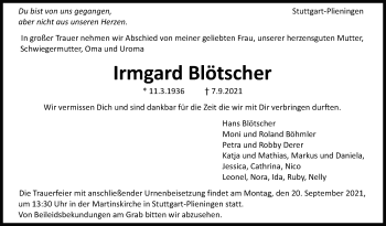Traueranzeige von Irmgard Blötscher von Stuttgarter Zeitung / Stuttgarter Nachrichten