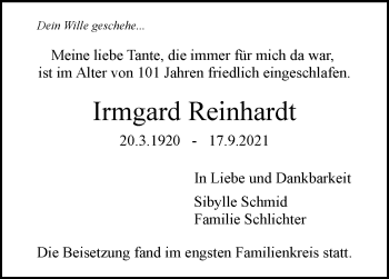 Traueranzeige von Irmgard Reinhardt von Stuttgarter Zeitung / Stuttgarter Nachrichten